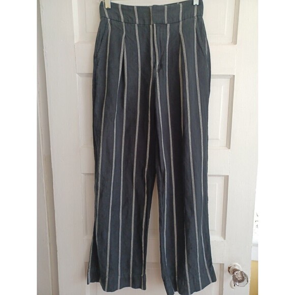 GAP women's wide leg linen blend pant 00 black white stripe coastal work/play - Picture 1 of 12
